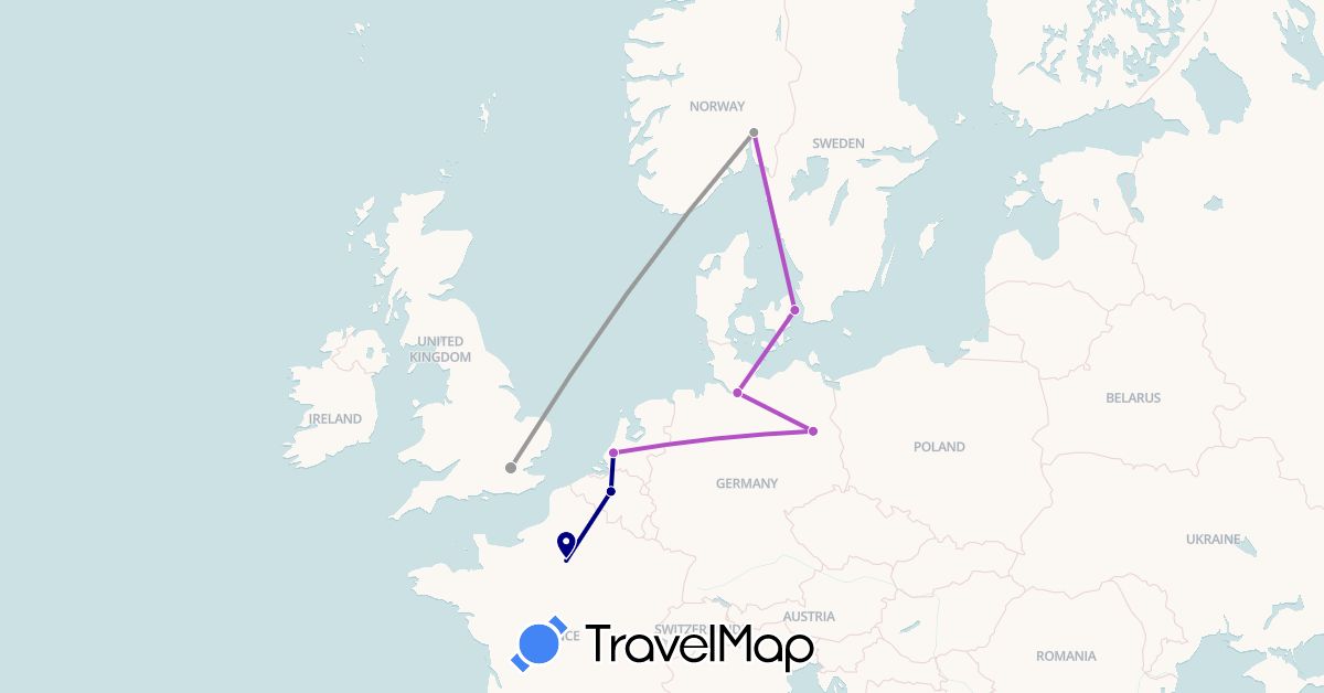 TravelMap itinerary: driving, plane, train in Belgium, Germany, Denmark, France, United Kingdom, Netherlands, Norway (Europe)